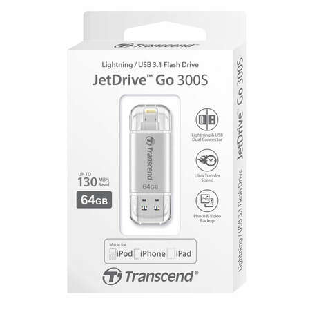 USB Flash накопитель 64GB Transcend JetDrive Go 300 для Apple iPhone\iPad\iPod Touch с разъемом Lightning MFI серебристый