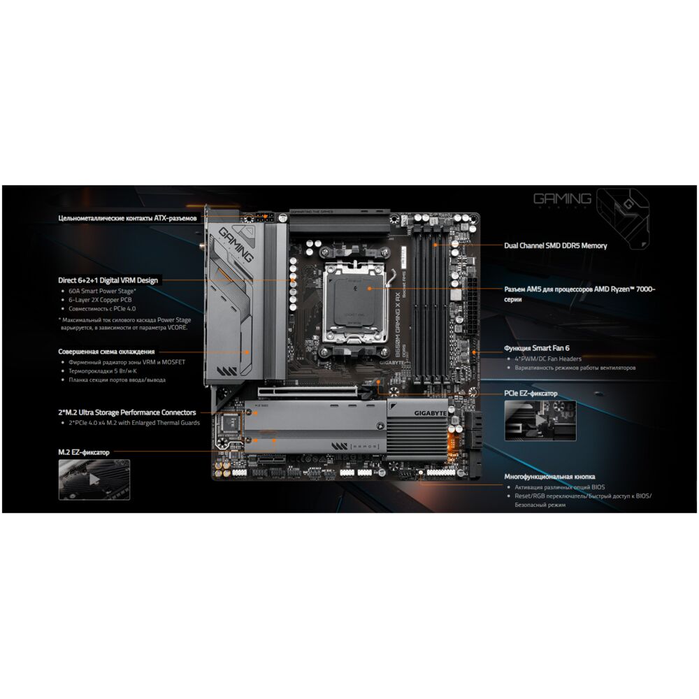 Материнская плата Gigabyte B650M GAMING X AX Socket-AM5 AMD B650 4xDDR5,  4xSATA3, RAID, 2xM.2,