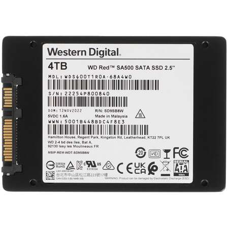 Внутренний SSD-накопитель 4000Gb Western Digital Red WDS400T2R0A SATA3 2.5"