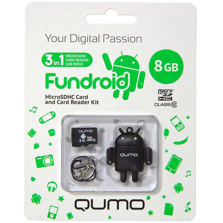 Micro SecureDigital 8Gb HC Qumo class10 (QM8GCR-MSD10-FD-BLK) + USB картридер FUNDROID черный