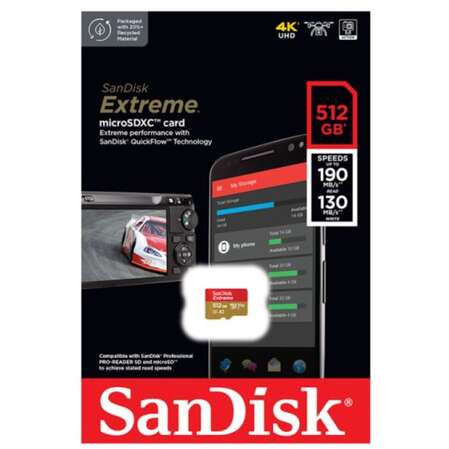 Карта памяти Micro SecureDigital 512Gb SanDisk Extreme for 4K Video on Smartphones, Action Cams & Drones microSDXC class 10 UHS-1 U3 V30 (SDSQXAV-512G-GN6MN)
