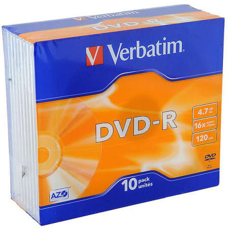 Оптический диск DVD-R диск Verbatim 4,7Gb 16x SlimCase 10шт (43655)