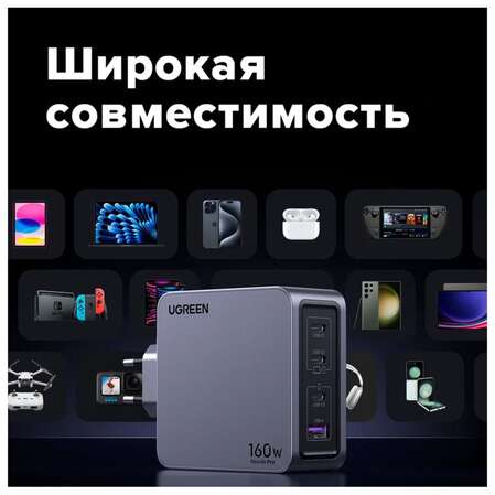 Сетевое зарядное устройство Ugreen Nexode Pro X763 (25877) 160W 3xType C + USB, темно-серый