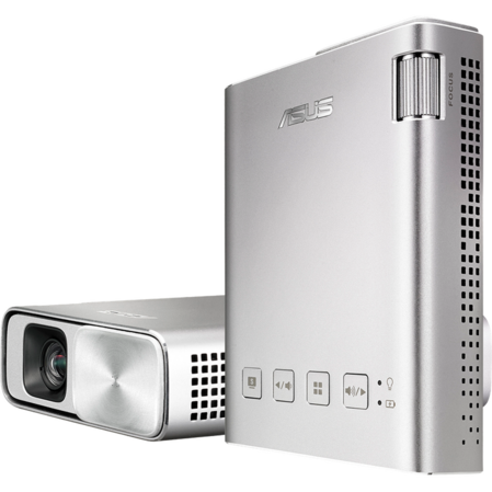 Проектор ASUS ZenBeam E1 (DLP, LED, WVGA 854x480, 150Lm, 800:1, HDMI, MHL, 1x2W speaker, led 30000hrs, battery, Silver, 0.31kg)