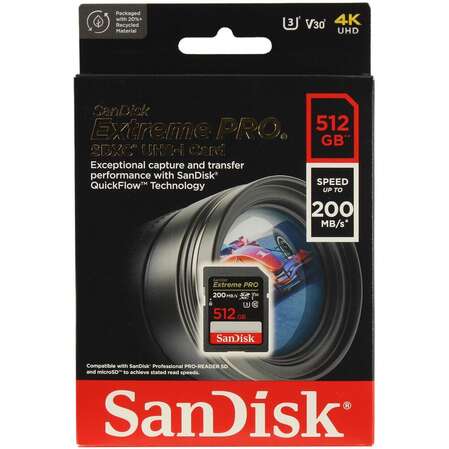 Карта памяти SecureDigital 512Gb SanDisk Extreme Pro SDXC Class 10 V30 U3 (SDSDXXD-512G-GN4IN)