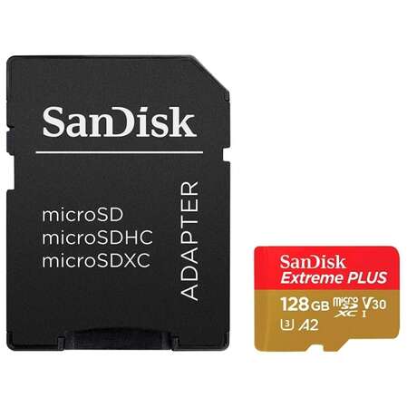 Карта памяти Micro SecureDigital 128Gb SanDisk Class 10 UHS-I A2 C10 V30 U3 Extreme Plus (SDSQXBZ-128G-GN6MA)