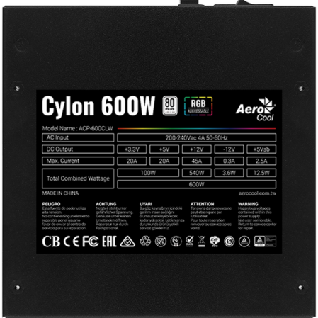 Блок питания 600W AeroCool Cylon 600 RGB Led