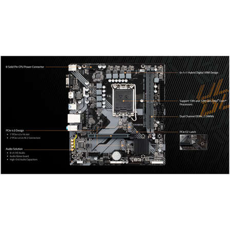Материнская плата Gigabyte B760M H DDR4 B760 Socket-1700 2xDDR4, 4xSATA3, RAID, 2xM.2, 1xPCI-E16x, 4xUSB3.2, D-Sub, HDMI, Glan, mATX