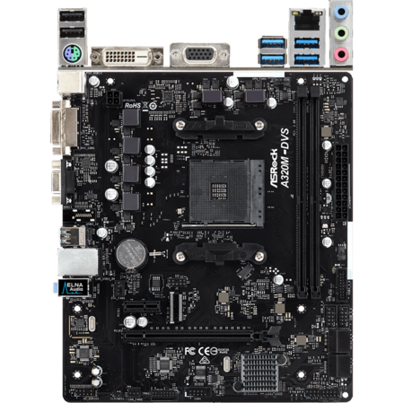 Материнская плата ASRock A320M-DVS R4.0 A320 Socket-AM4, 2xDDR4, 4xSATA3, 4xUSB3.1, 1xPCI-E16x, DVI-D, D-Sub, GLAN, mATX