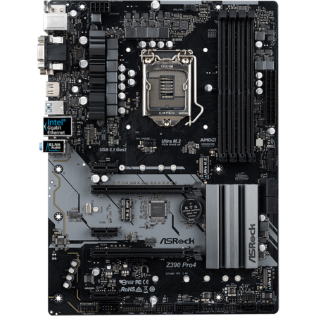 Материнская плата ASRock Z390 PRO4 Z390  Socket-1151, 4xDDR4, 6xSATA3, 2xUSB3.1, 2xM2.0, 2xPCI-E16x, DVI-D, HDMI, D-Sub, GLAN, ATX