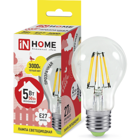 Светодиодная лампа In Home LED-A60-deco 5Вт 230В Е27 3000К 450Лм прозрачная 4690612008028