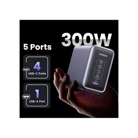 Сетевое зарядное устройство Ugreen Nexode CD333 (90903B) 300W GaN 4xUSB-C + USB-A темно-серый