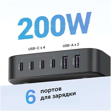 Сетевое зарядное устройство Ugreen CD271 (40914) 200W GaN 4xUSB-C + 2xUSB-A темно-серый