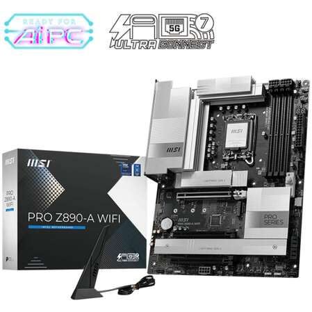 Материнская плата MSI Pro Z890-A WiFi Z890 Soc-1851 4xDDR5, 4xSATA3, RAID, 4хM.2, 3xPCI-E16x, 7xUSB3.2, 3xUSB3.2 Type C, DP, HDMI, WiFi, 5Glan, ATX