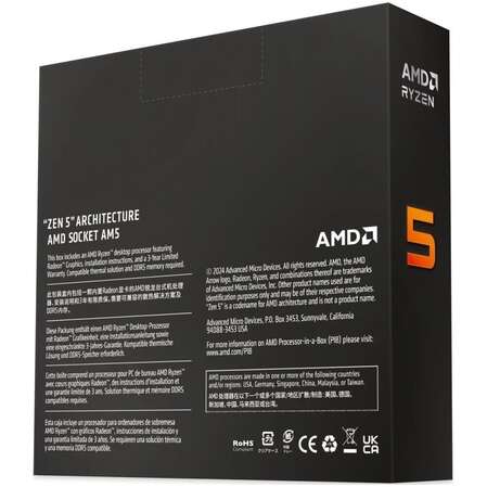 Процессор AMD Ryzen 5 9600X, 3.9ГГц, (Turbo 5.4ГГц), 6-ядерный, L3 16МБ, Сокет AM5, Radeon 760M, BOX W/O Cooler