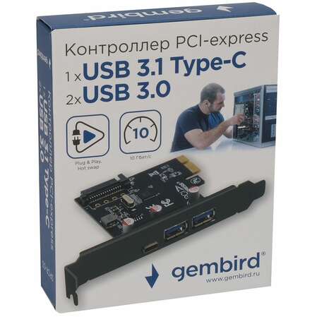 Контроллер Gembird SPCR-03, 2xUSB-A + 1xType-C, PCI-E