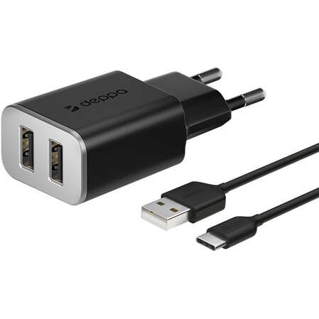 Сетевое зарядное устройство Deppa 2.4A USB Type-C 2xUSB черный (11382)