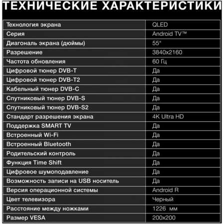 Телевизор 55" Hyundai H-LED55QBU7500 (4K UHD 3840x2160, Smart TV) черный