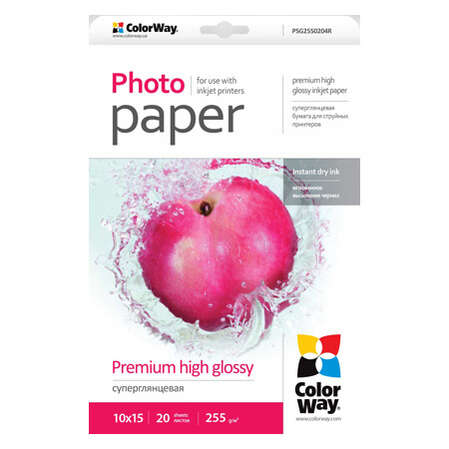 Фотобумага ColorWay суперглянцевая, А6 (10х15 см), плотность: 255 г/м2, 20 листов