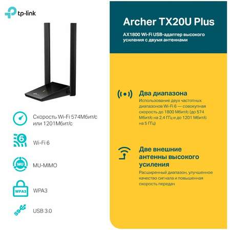 Сетевая карта TP-LINK ARCHER TX20U PLUS Wi-Fi 6 AX1800 USB3.0