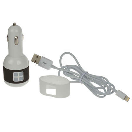 Автомобильное зарядное устройство Qumo MFI кабель Apple Lightning в комплекте, 2 USB 2.1A, белое (20062)