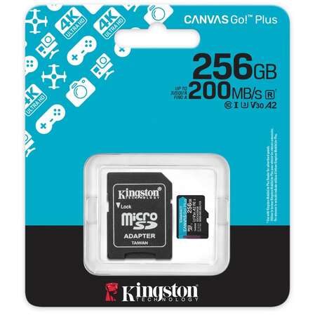 Карта памяти Micro SecureDigital 256Gb Kingston Canvas Go Plus SDXC (SDCG4/256GB) + SD адаптер