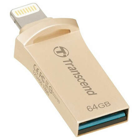 USB Flash накопитель 64GB Transcend JetDrive Go 500 для Apple с разъемом Lightning MFI золотистый ( TS64GJDG500G )