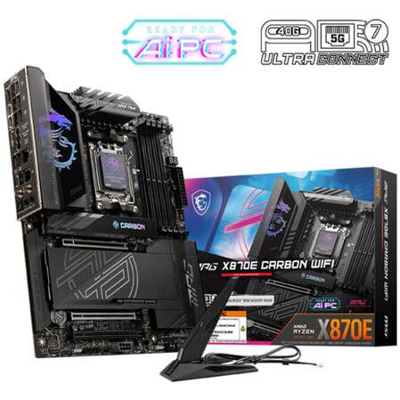 Материнская плата MSI MPG X870E Carbon WiFi Socket-AM5 AMD X870 4xDDR5, 4xSATA3, RAID, 4xM.2, 3xPCI-E16x, 9xUSB3.2, 2xUSB3.2 Type C, DP, HDMI, WiFi, 2xGlan, ATX Ret
