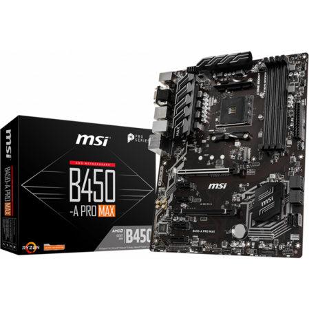 Материнская плата MSI B450-A Pro Max B450 Socket AM4 4xDDR4, 6xSATA3, RAID, 1xM.2, 2xPCI-E16x, 4xUSB3.1, D-Sub, DVI-D, HDMI, Glan, ATX