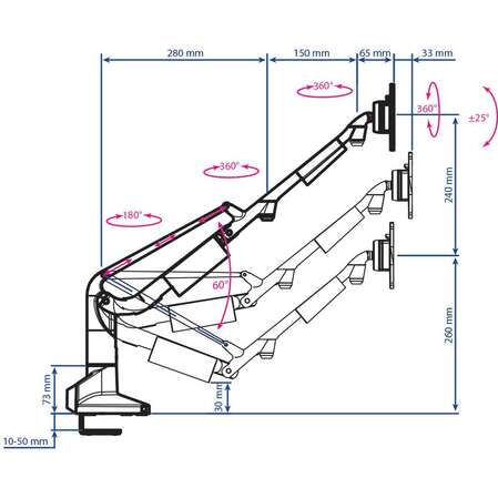 Кронштейн Kromax Office S20 15-32' до 15кг Vesa до 100x100 серебристый для двух мониторов с газовой пружиной	