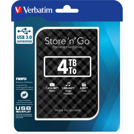 Внешний жесткий диск 2.5" 4Tb Verbatim 53223 USB3.0 5400rpm Store'n'Go Black