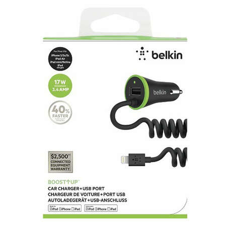 Автомобильное зарядное устройство для iPad/iPhone/iPod Belkin Car Charger 3.4A Lightning, 1.2м витой, черный F8J154bt04-BLK