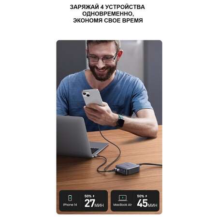 Сетевое зарядное устройство Ugreen Nexode CD327 (90747) 65W GaN 2xUSB-C + 2xUSB-A темно-серый