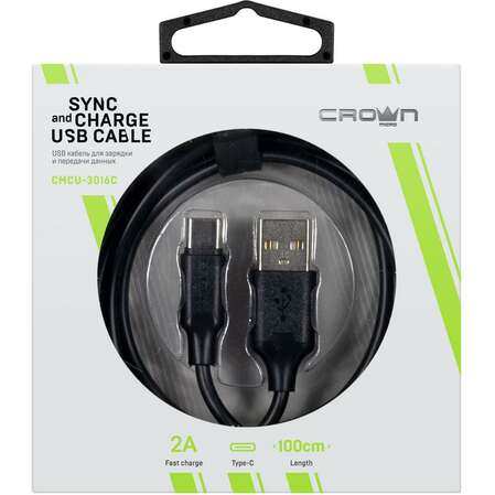 Кабель USB2.0-Type C 1m чёрный Crown (CMCU-3016C) 