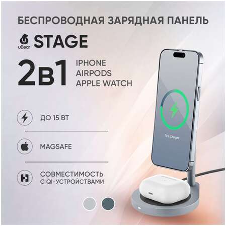 Беспроводная зарядная панель 2 в 1 Для IPhone, Airpods uBear Stage 30W Grey