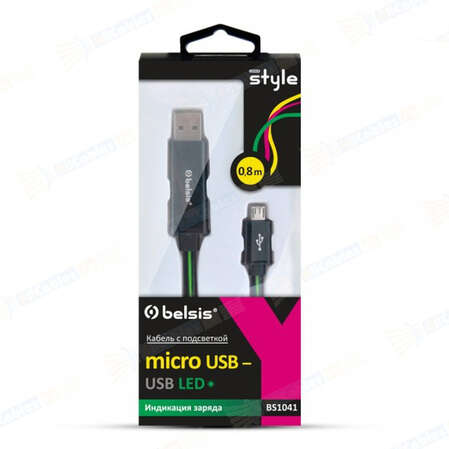 Кабель USB2.0 тип А(m)-microB(5P) 0.8м Belsis (BS1041) черный с диодной индикацией