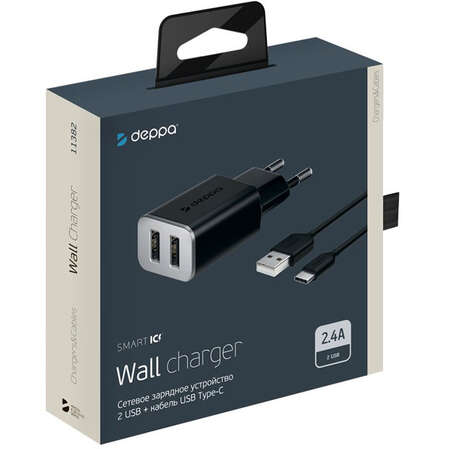 Сетевое зарядное устройство Deppa 2.4A USB Type-C 2xUSB черный (11382)