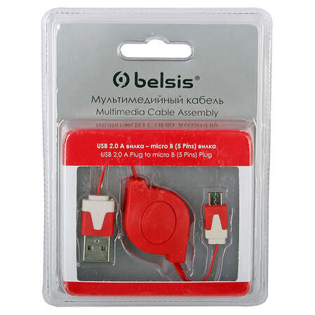 Кабель USB2.0 тип А(m)-microB(5P) 0.8м Belsis (BGL1182) рулетка красно-белый