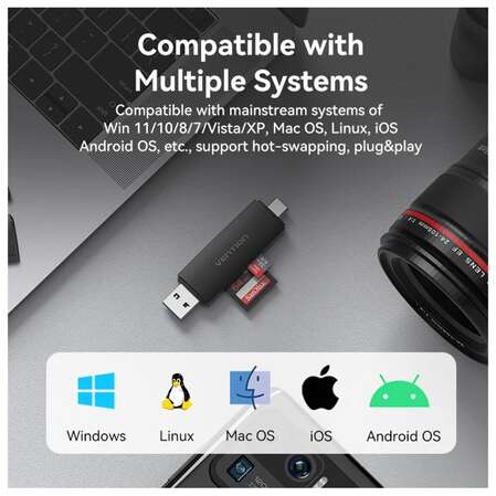 Card Reader Vention CLKB0 USB 3.0 A+C SD+TF Черный