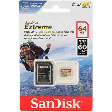Micro SecureDigital 64Gb SanDisk Extreme for Action camera microSDXC class 10 UHS-1 U3 V30 (SDSQXVF-064G-GN6AA) + адаптер
