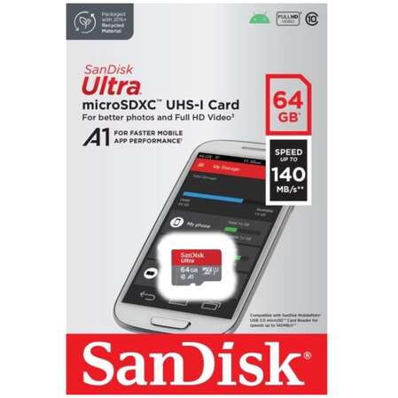 Карта памяти Micro SecureDigital 64Gb SanDisk Ultra microSDXC class 10 UHS-1 A1 SDSQUAB-064G-GN6MN