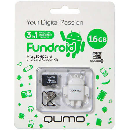 Micro SecureDigital 16Gb HC Qumo class10 (QM16GCR-MSD10-FD-WHT) + USB картридер FUNDROID белый