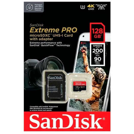 Карта памяти Micro SecureDigital 128Gb SanDisk Extreme Pro microSDHC class 10 UHS-1 U3 V30 A2 (SDSQXCD-128G-GN6MA) + адаптер