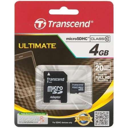 Карта памяти Micro SecureDigital 4Gb HC Transcend class10 (TS4GUSDHC10) + SD адаптер