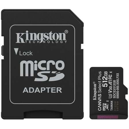 Карта памяти Micro SecureDigital 512Gb Kingston Canvas Select Plus (SDCS3/512GB) + SD адаптер