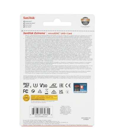 Карта памяти Micro SecureDigital 512Gb SanDisk Extreme for 4K Video on Smartphones, Action Cams & Drones microSDXC class 10 UHS-1 U3 V30 (SDSQXAV-512G-GN6MN)