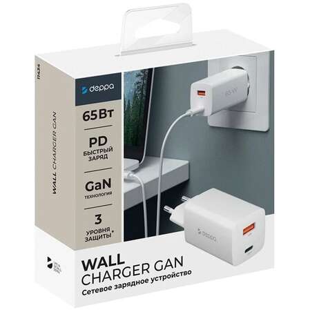 Сетевое зарядное устройство Deppa Power Delivery QC 3.0 GaN 65W USB A + Type-C белое (11434)