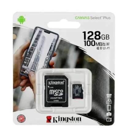 Карта памяти Micro SecureDigital 128Gb Kingston Canvas Select Plus SDXC class 10 UHS-I (SDCS2/128GB) + SD adapter