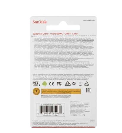 Карта памяти Micro SecureDigital 64Gb SanDisk Ultra microSDXC class 10 UHS-1 (SDSQUNR-064G-GN3MN)