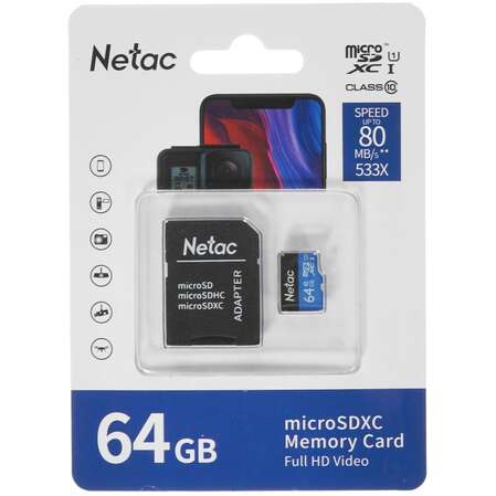 Карта памяти Micro SecureDigital 64Gb Netac SDXC class 10 (NT02P500STN-064G-R) + SD adapter
